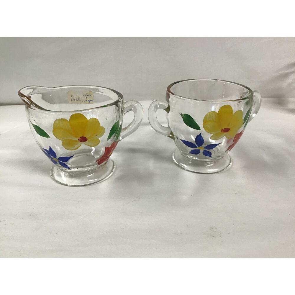 Cream & Sugar Set, Bartlett Collins. Clear Glass Orchard Pear Pattern Vintage.